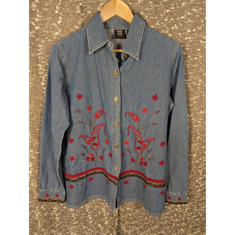 Quizz Again‎ & Co Denim Long Sleeve Embroidered Shirt Womens Small